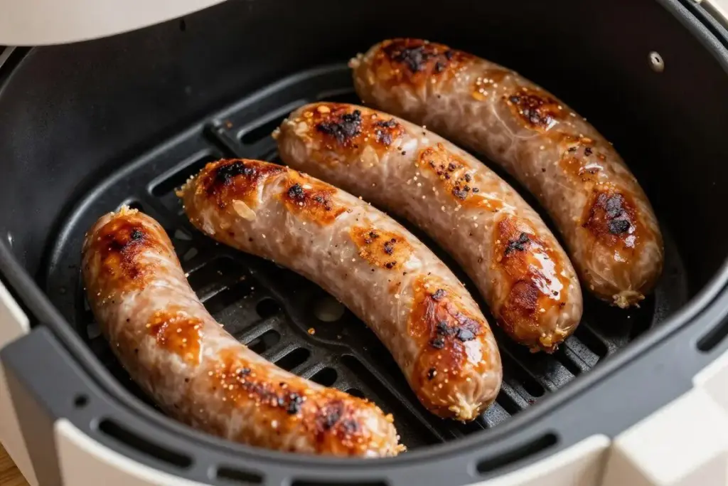 Various sausages with crispy skin cooked in air fryer