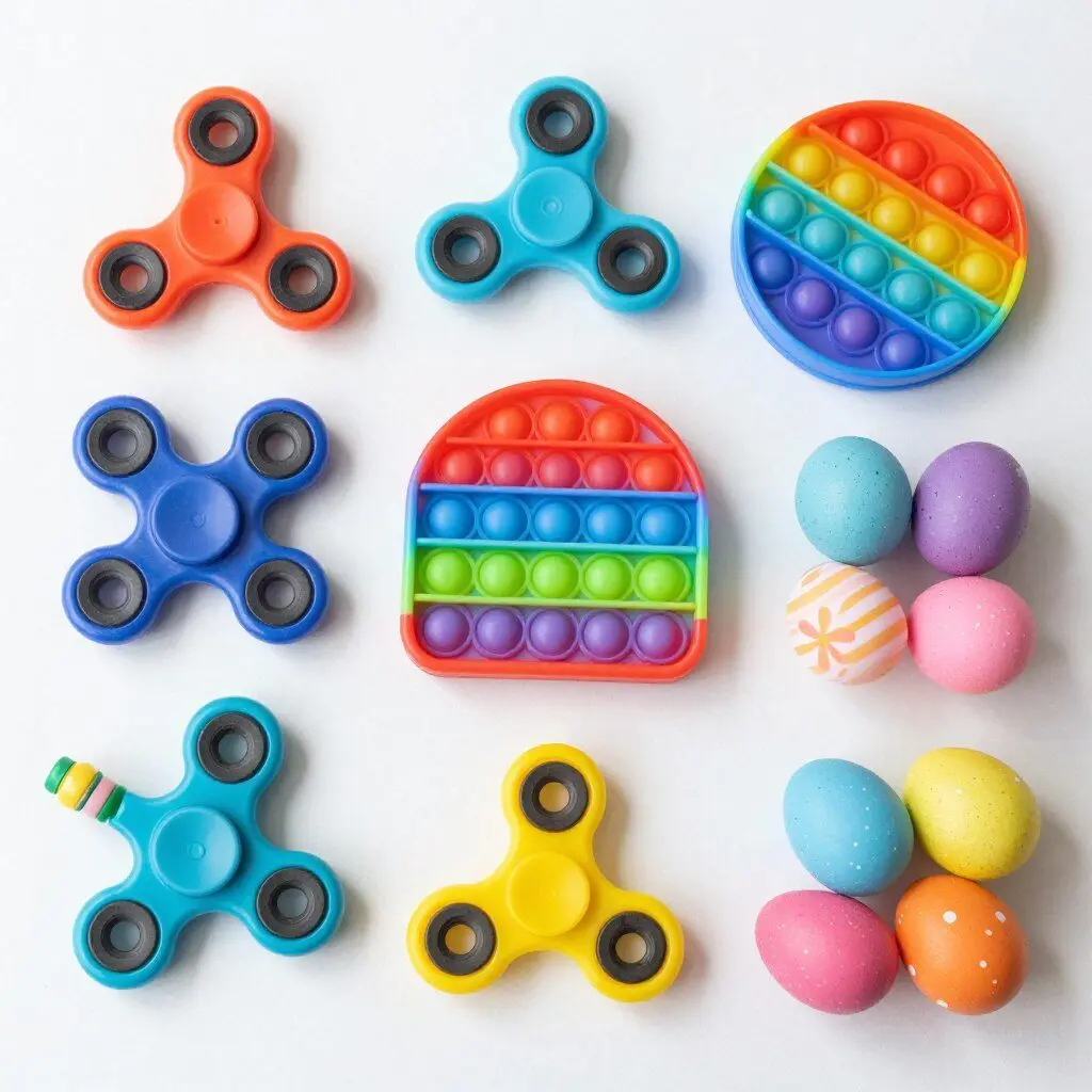 Various small fidget toys including spinners and sensory items