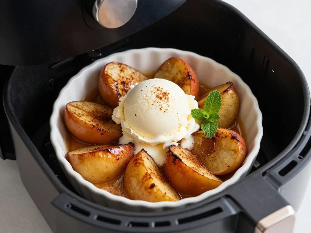 Warm cinnamon apples with ice cream made in an air fryer