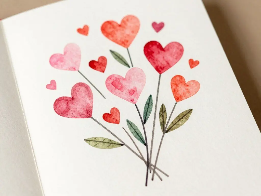 Watercolor heart bouquet card with pink and red hearts arranged like flowers