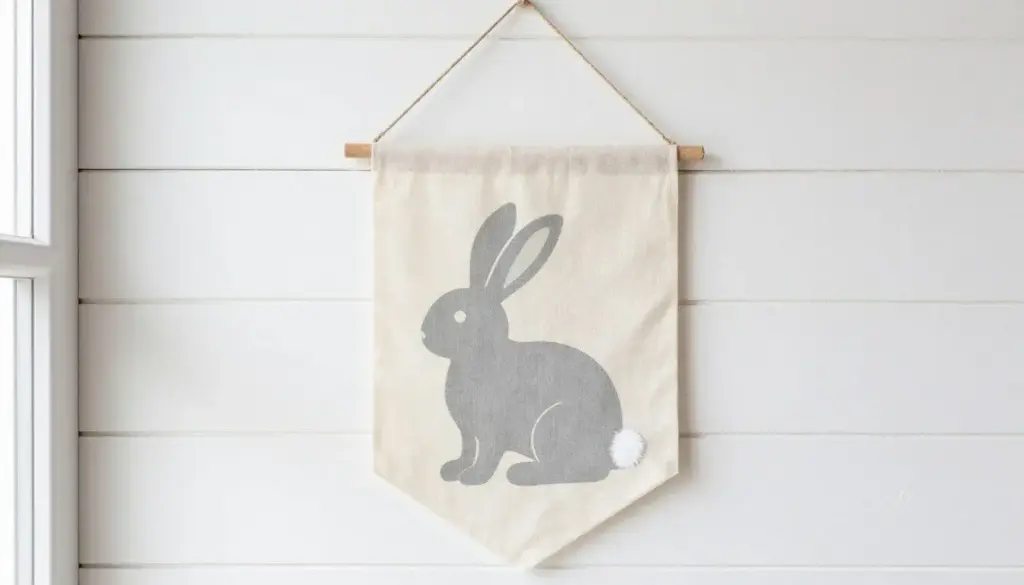 White canvas banner with painted bunny silhouette and pom-pom tail hanging on wall