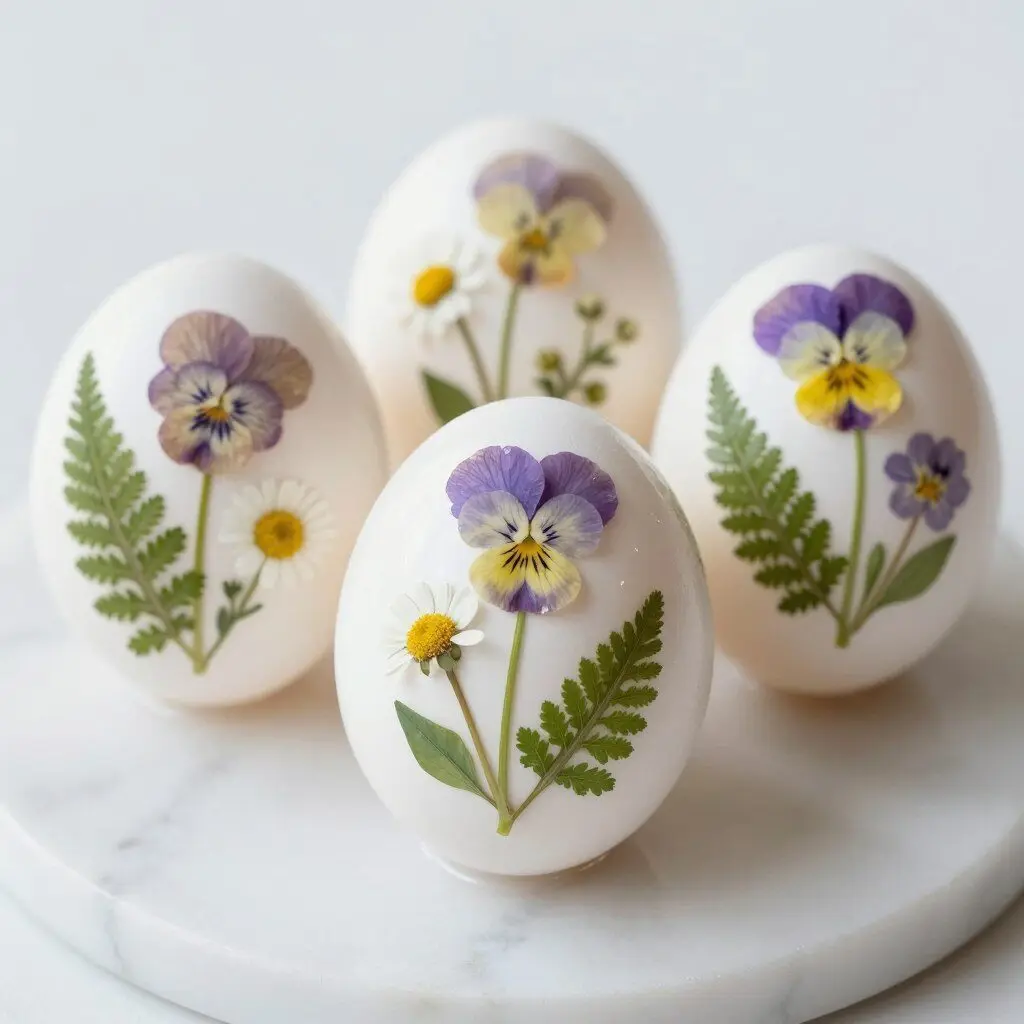 White eggs decorated with pressed flowers and leaves sealed with clear coating