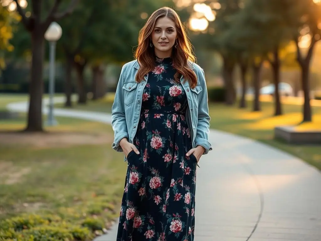 Woman in maxi dress with denim jacket - versatile modest outfit