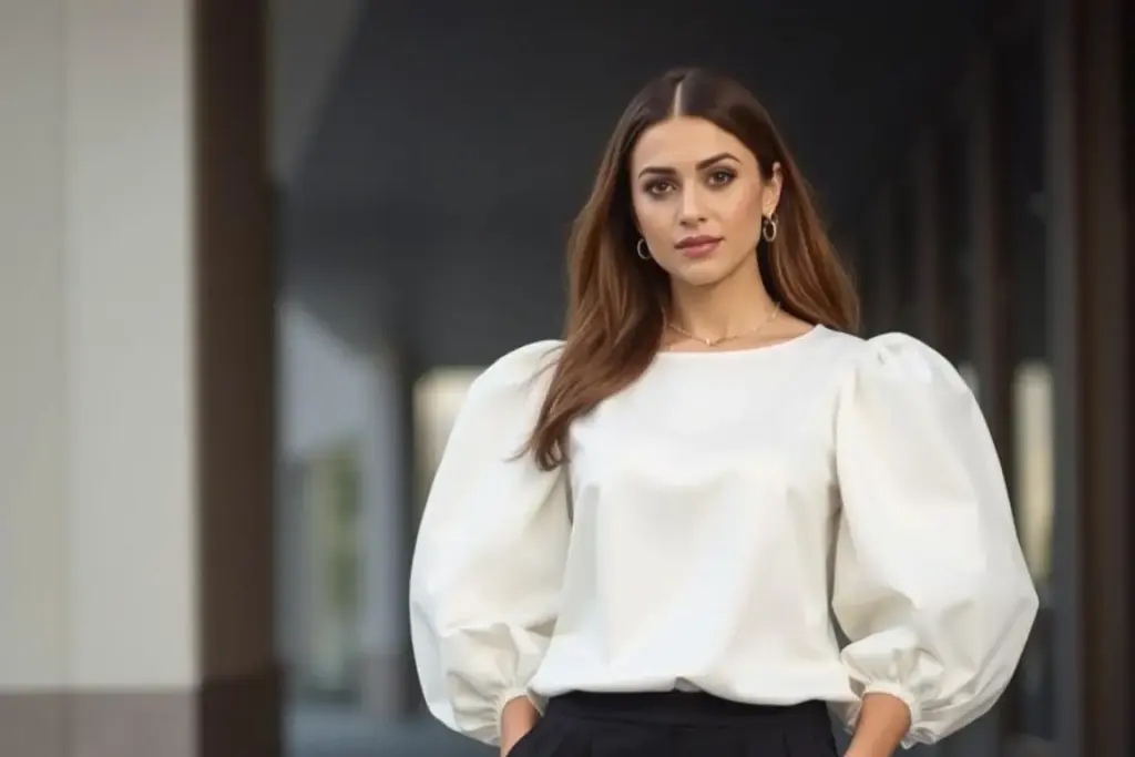 Woman in statement sleeve top with simple bottoms - modest fashion statement