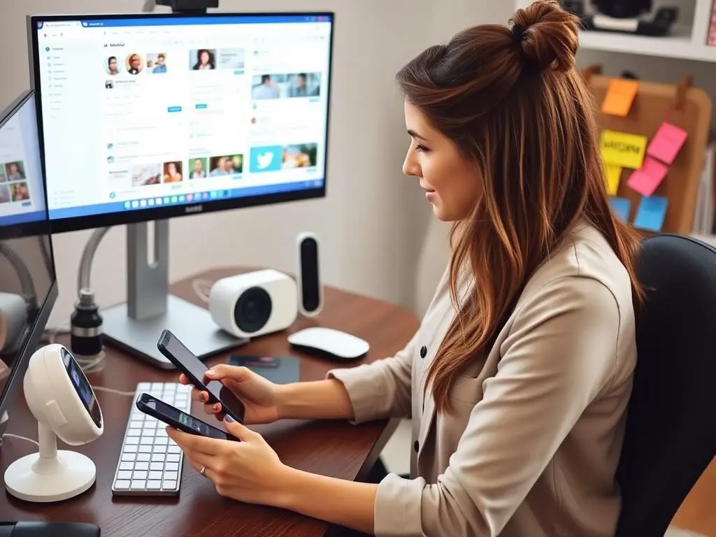 Woman managing social media accounts from home office