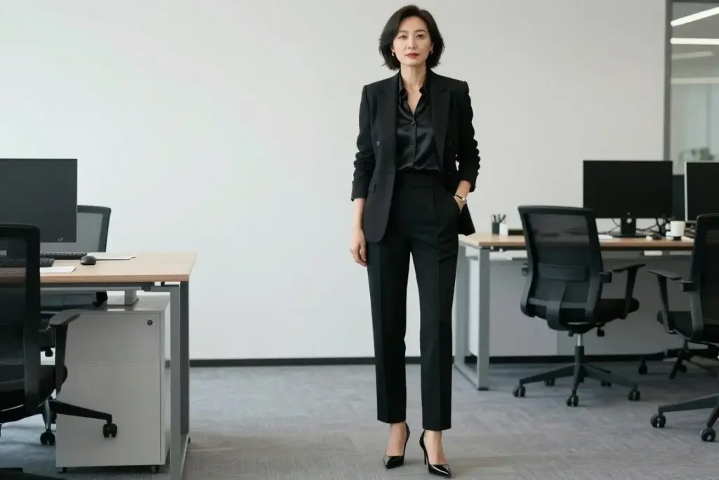 Woman over 50 in all-black monochrome outfit with blazer and trousers