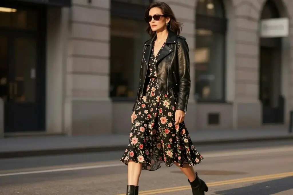 Woman over 50 in classic black leather moto jacket