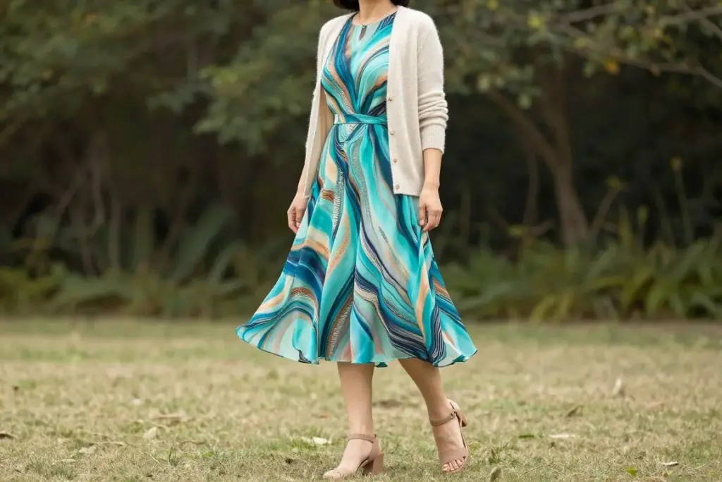Woman over 50 in elegant midi dress with cardigan