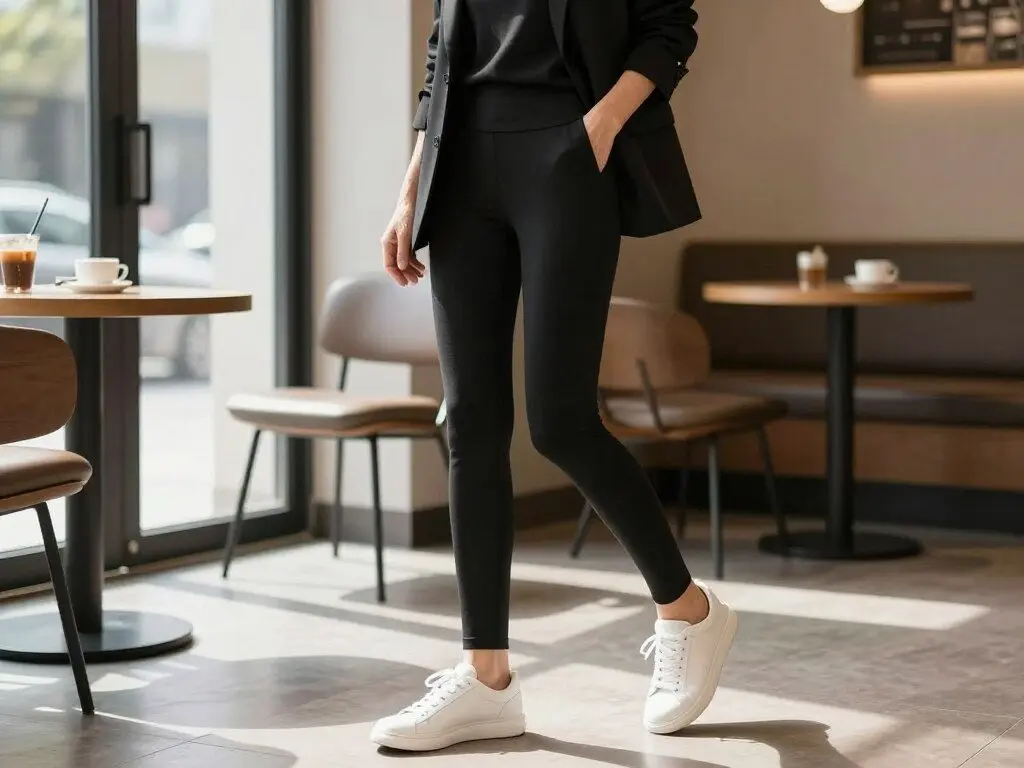 Woman over 50 in stylish athleisure with structured jacket