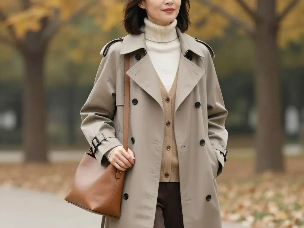 Woman over 50 layering neutral tones with sweater and coat