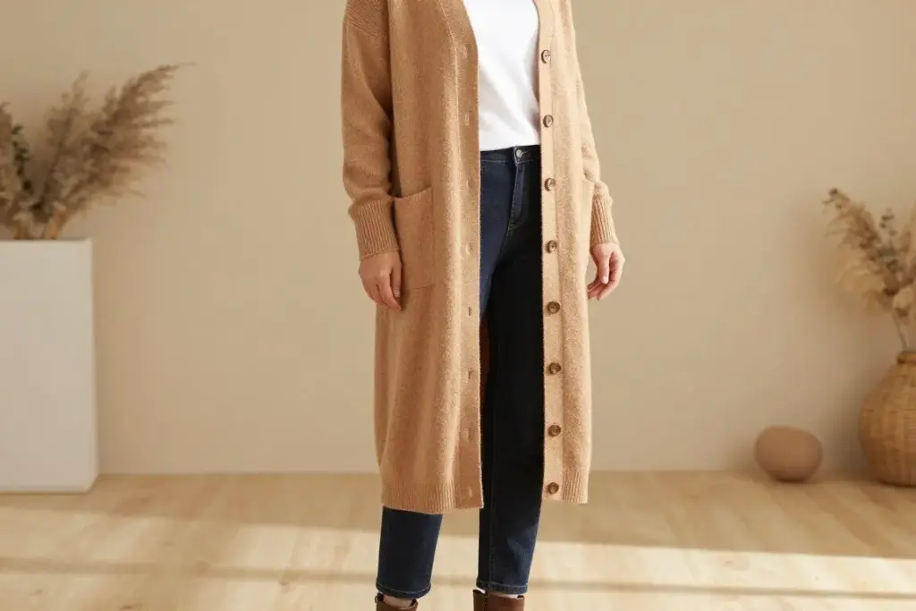 Woman over 50 wearing long cardigan with jeans and boots