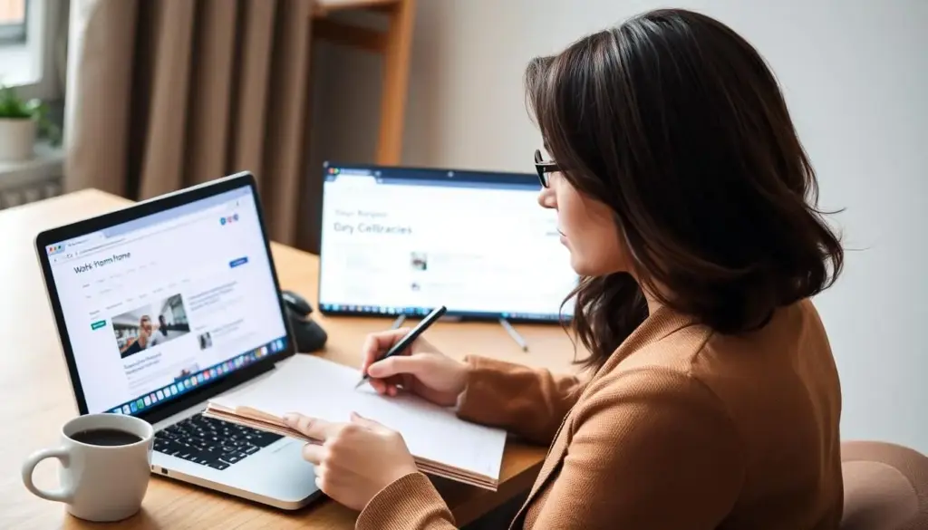 Woman researching work-from-home job opportunities online Woman researching work-from-home job opportunities online
