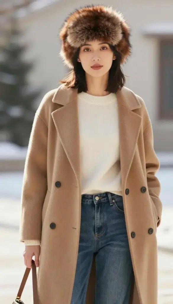 Woman wearing a faux fur hat with a simple coat and jeans outfit for winter 2026