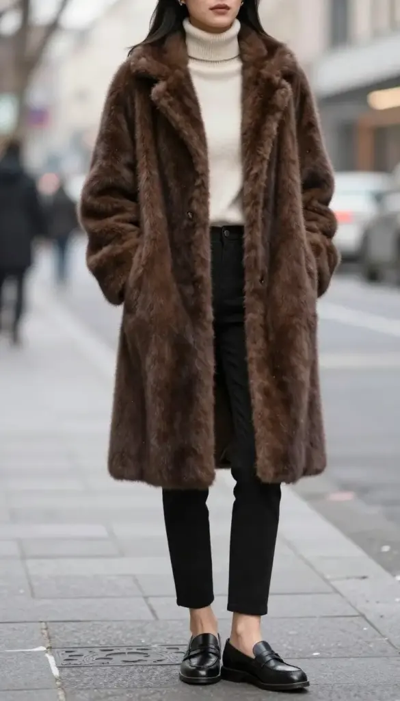 Woman wearing a faux fur statement coat in rich brown with slim trousers and loafers for winter 2026