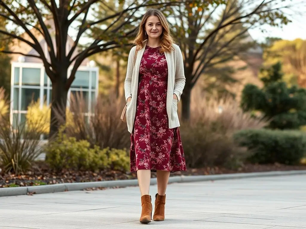 Woman wearing a floral midi dress with cardigan and ankle boots - modest outfit idea