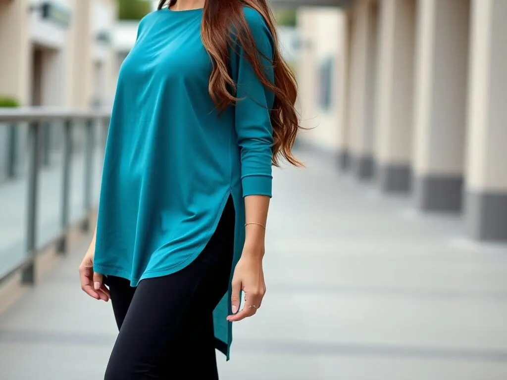 Woman wearing a longline tunic over slim pants - modest casual outfit
