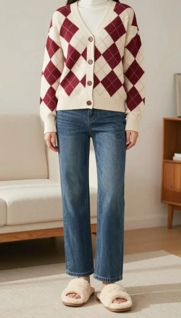 Woman wearing a modern argyle cardigan with jeans and fluffy slippers for winter 2026