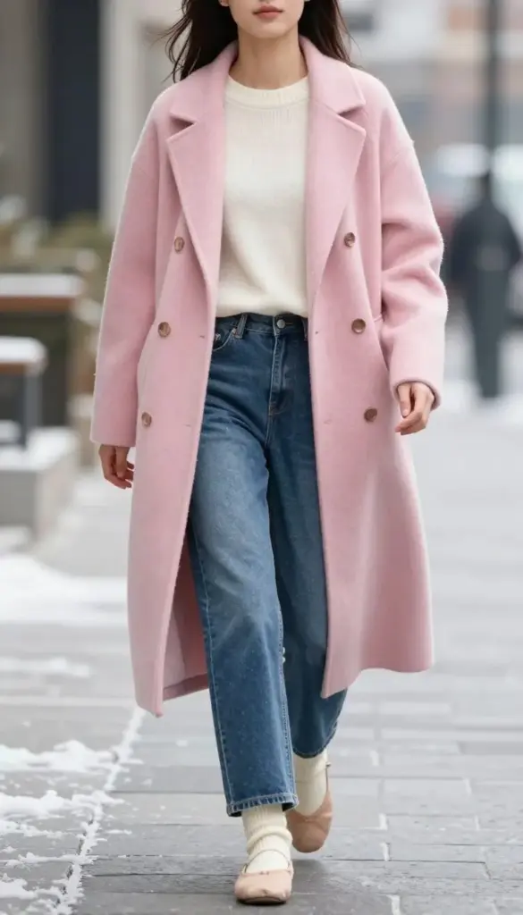 Woman wearing a pastel blue wool coat with straight-leg jeans and ballet flats with socks for winter 2026