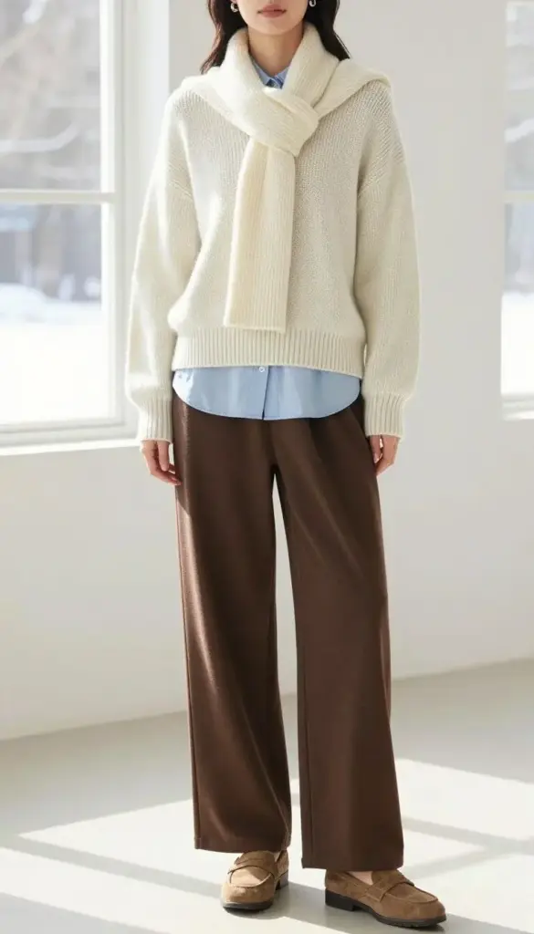 Woman wearing a scarf knit sweater over a button-down with wide-leg trousers for winter 2026