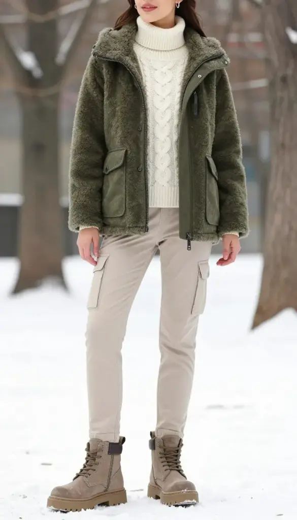 Woman wearing a sherpa-lined field jacket with slim cargo pants and chunky boots for winter 2026