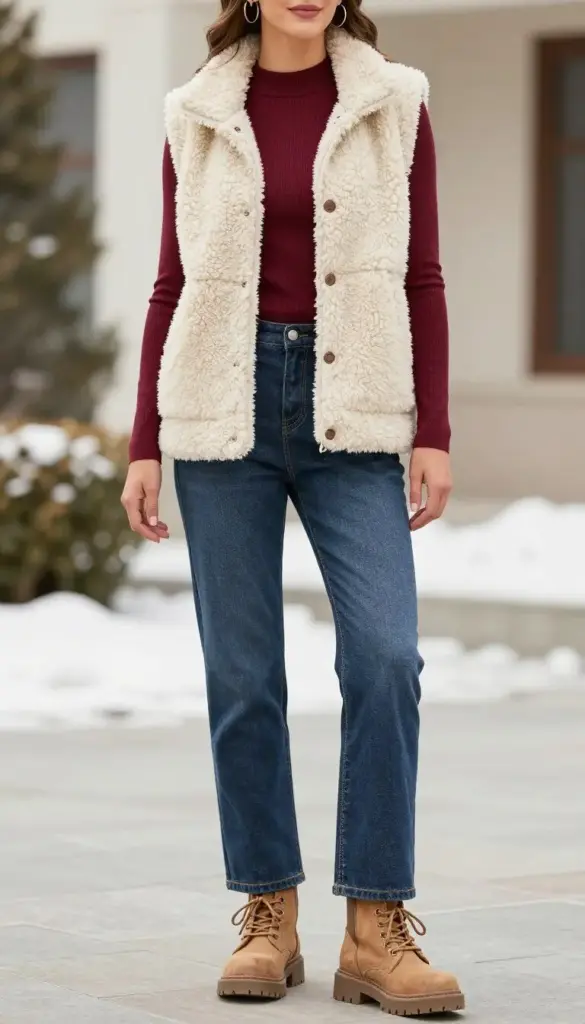 Woman wearing a sherpa vest over a ribbed long-sleeve tee with straight-leg jeans for winter 2026
