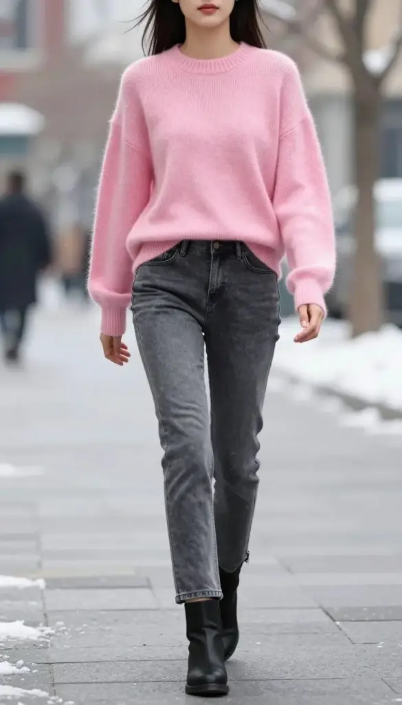 Woman wearing a soft pink sweater with gray jeans and black boots for winter 2026