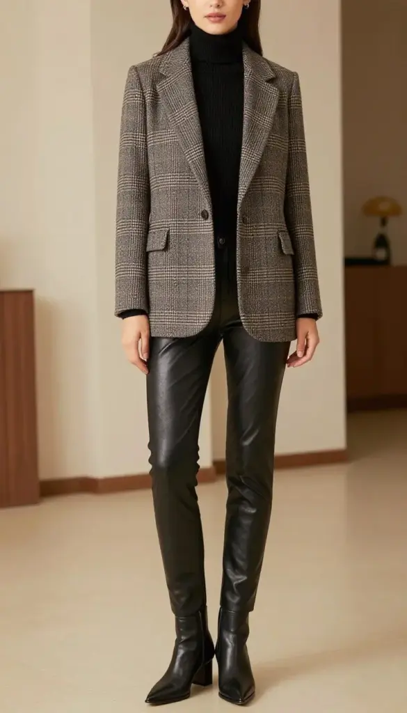 Woman wearing a tailored plaid blazer with black leather trousers and a turtleneck for winter 2026