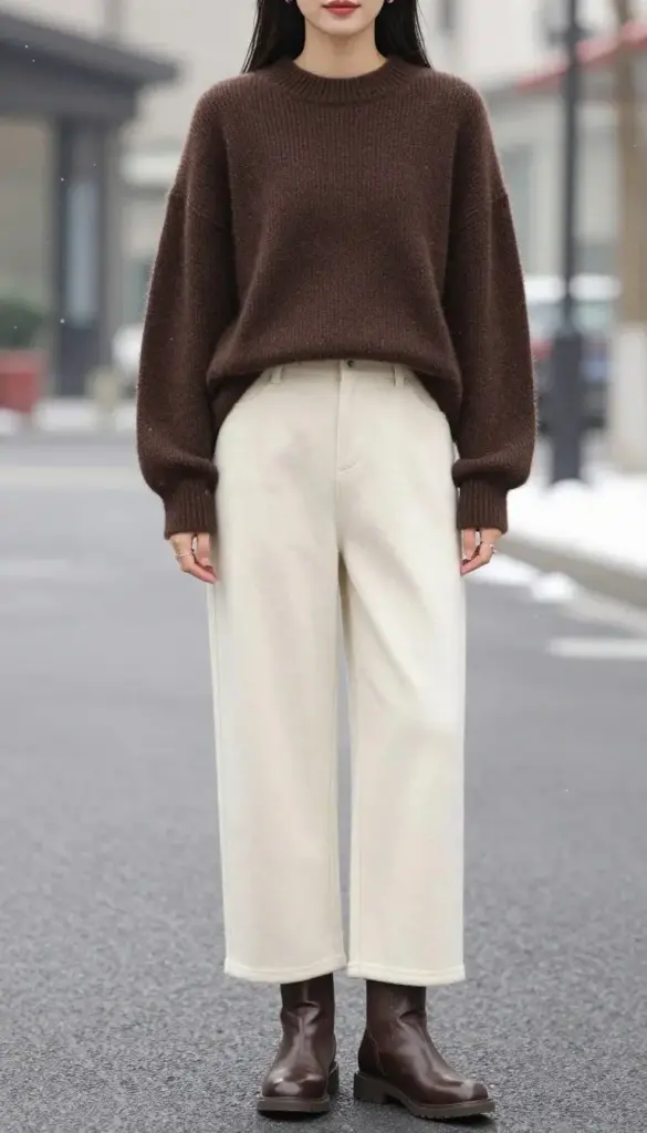 Woman wearing an oversized chocolate brown sweater with cream wide-leg trousers and ankle boots for winter 2026