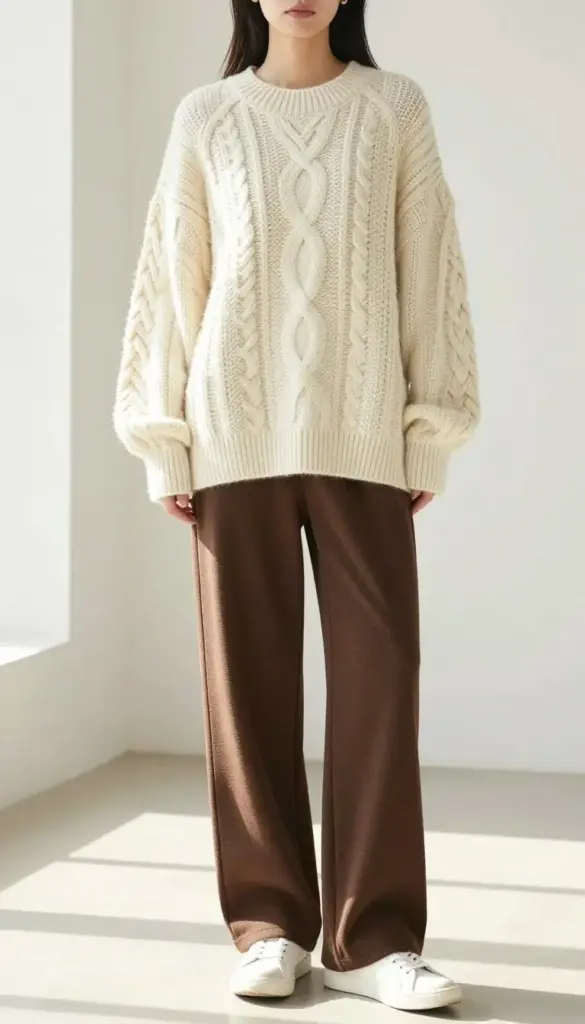 Woman wearing an oversized sweater with relaxed-fit pants and minimal sneakers for winter 2026