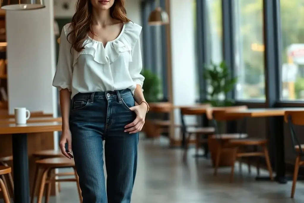 Woman wearing dark wash jeans with feminine blouse - modest casual outfit
