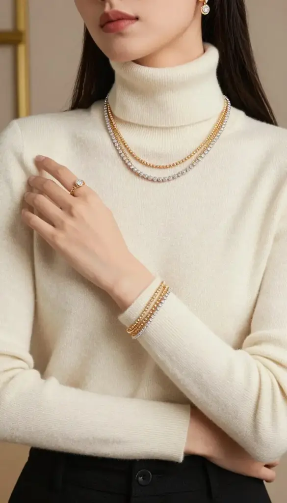 Woman wearing winter 2026 outfit with layered tennis necklaces and bracelets as statement jewelry