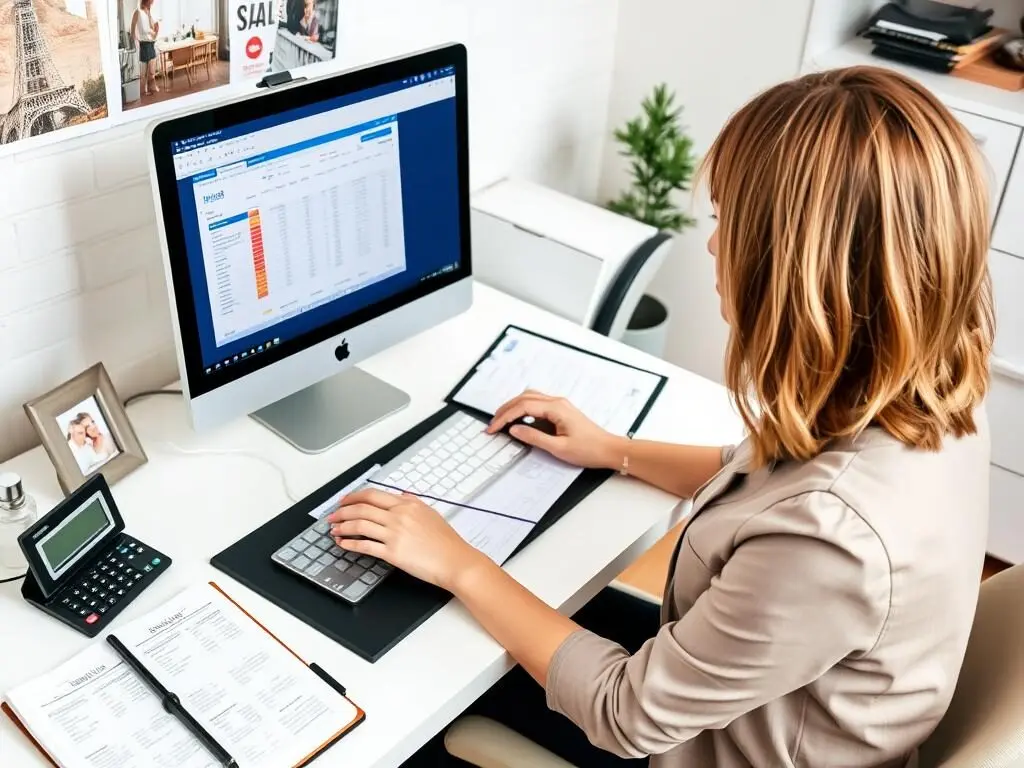 Woman working as virtual bookkeeper with financial documents Woman working as virtual bookkeeper with financial documents