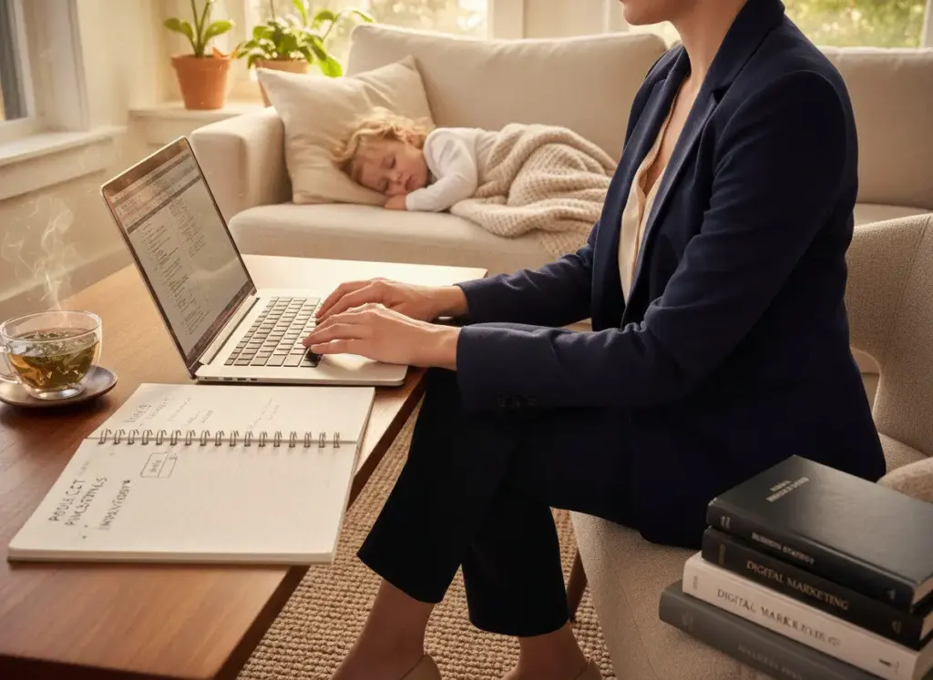 Woman writing content on laptop with notebook nearby Woman writing content on laptop with notebook nearby
