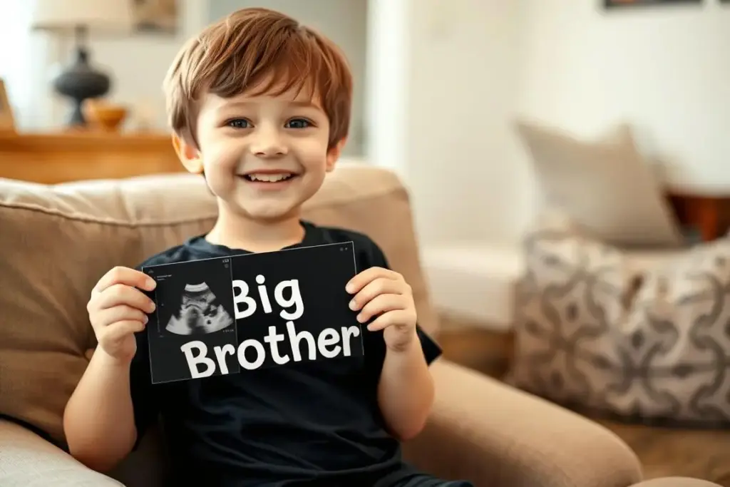 Young child wearing Big Brother t-shirt holding ultrasound photo