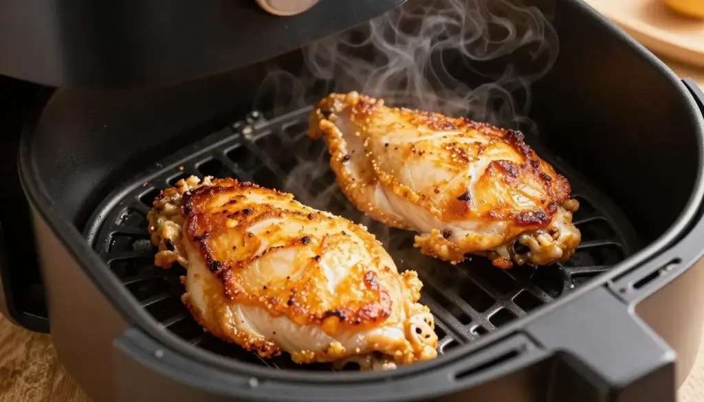 air fryer basket with golden brown cooked chicken breasts