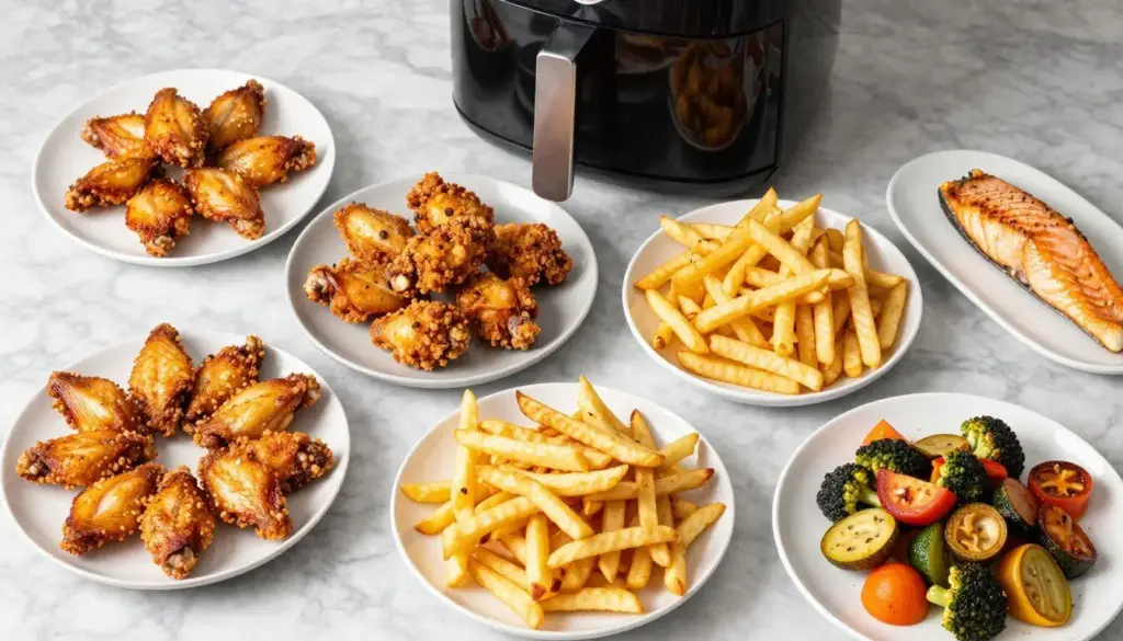 assortment of air fryer recipes including chicken wings french fries and vegetables on white plates assortment of air fryer recipes including chicken wings french fries and vegetables on white plates