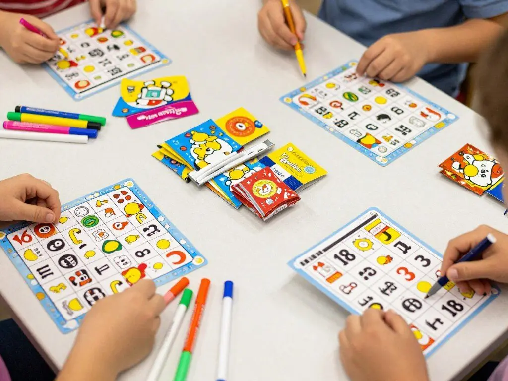 baby bingo cards with markers and small prizes on party table