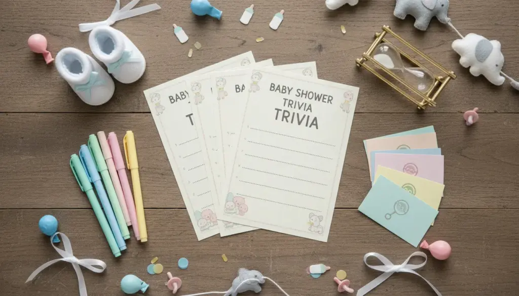 baby trivia quiz sheets with pens and answer cards on decorated table