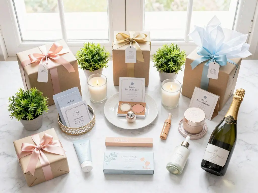 beautifully arranged baby shower prize display with wrapped gifts at different price points