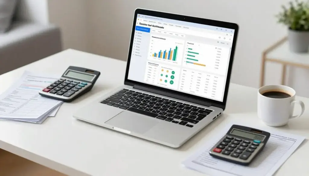 bookkeeper working with financial documents and accounting software