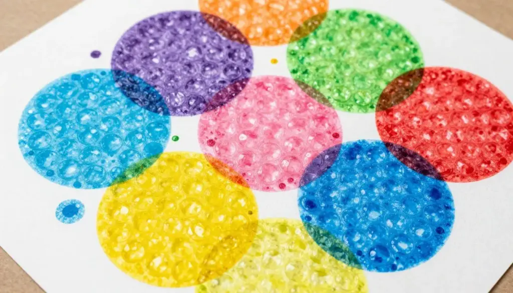 bubble wrap printing technique showing colorful textured prints on paper