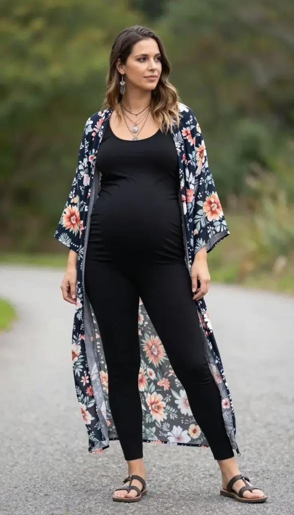 casual maternity outfits kimono layered over tank and leggings boho pregnancy style casual maternity outfits kimono layered over tank and leggings boho pregnancy style