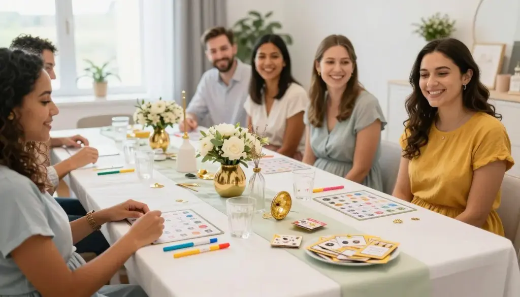 colorful baby shower party setup with games displayed on elegant table surrounded by happy guests