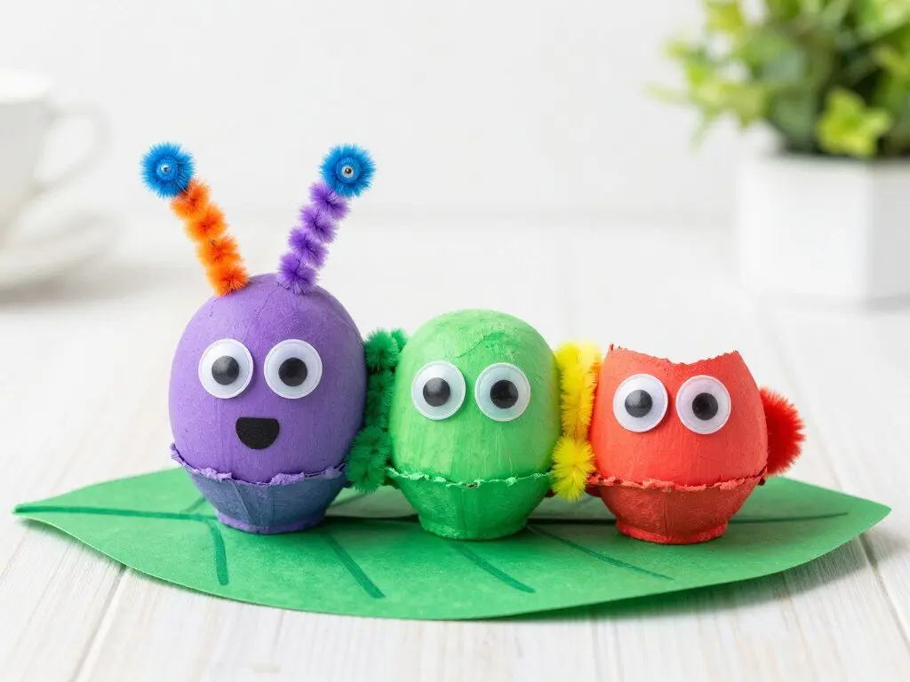colorful egg carton caterpillar craft with googly eyes and pipe cleaner antennae
