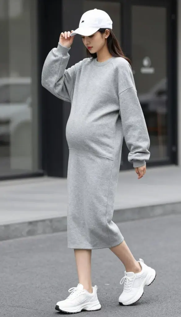 comfortable sweatshirt dress pregnancy outfit with sneakers athleisure maternity comfortable sweatshirt dress pregnancy outfit with sneakers athleisure maternity