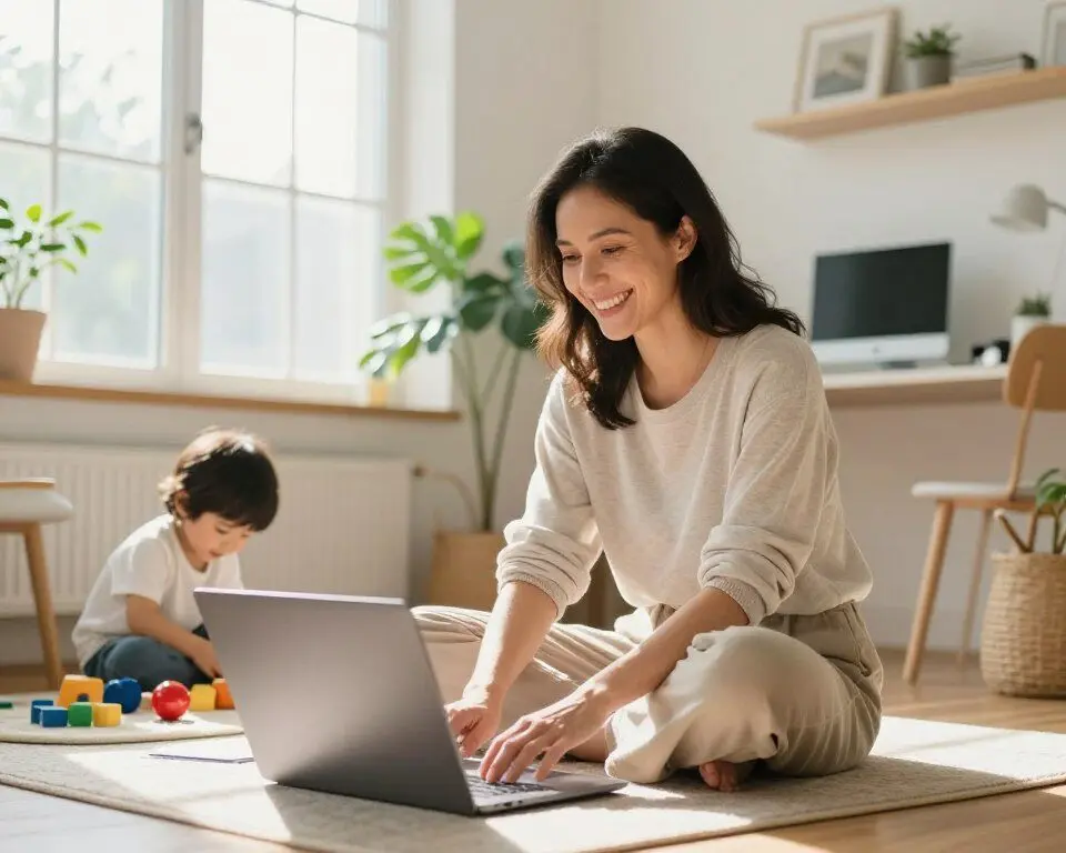 confident mom working successfully from home with child playing peacefully nearby