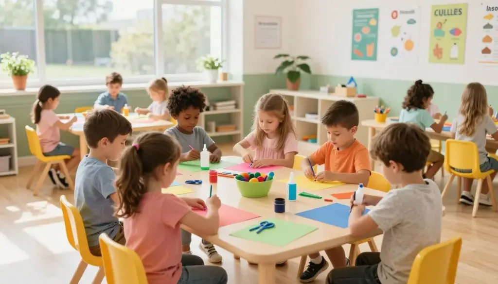diverse group of preschool children engaged in colorful daycare crafts at a bright classroom table