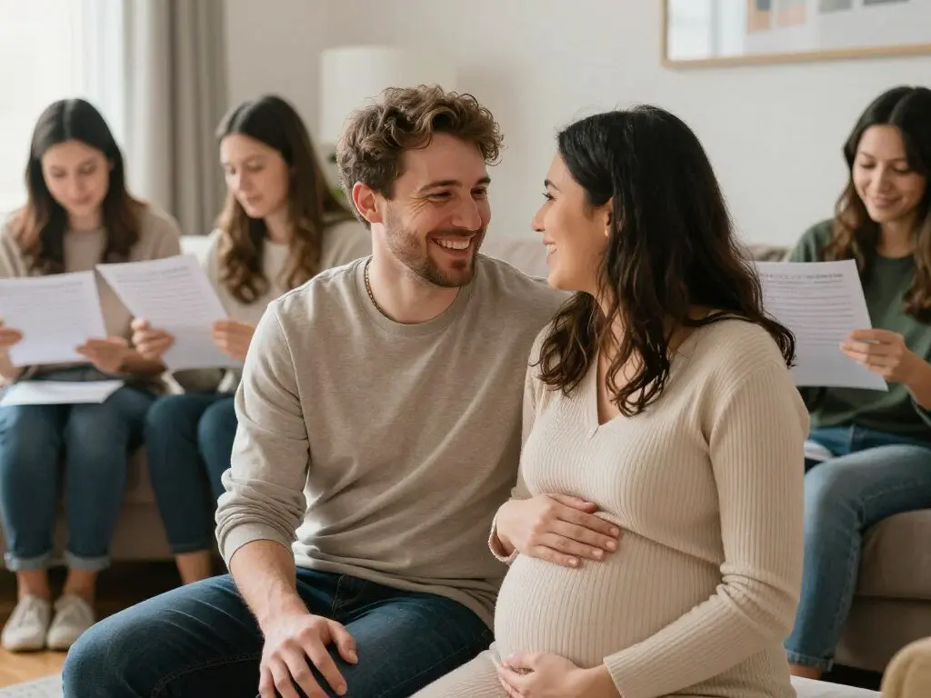 expectant parents smiling while guests fill out answer sheets about them