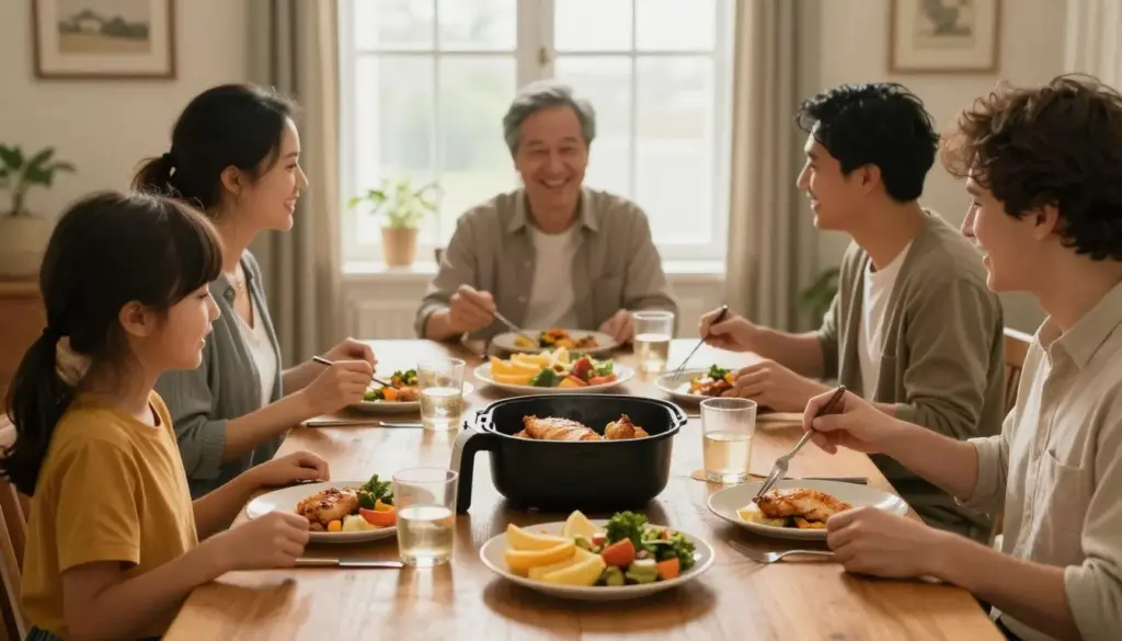family enjoying air fryer chicken dinner together