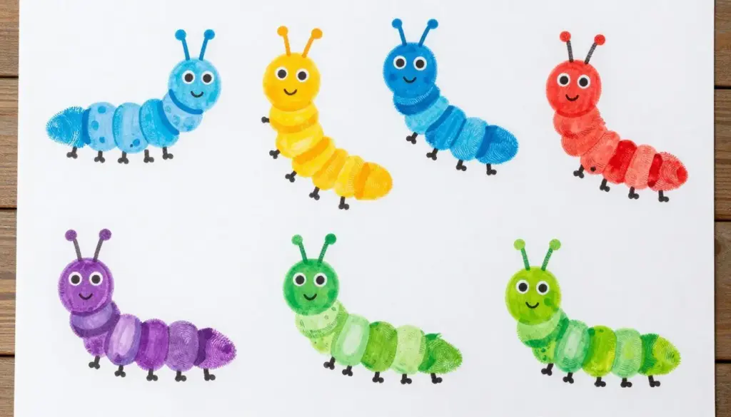 fingerprint caterpillar art showing colorful segmented caterpillars with faces and legs